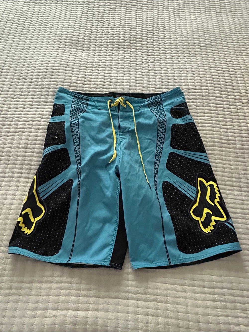 Fox Men's Teal and Black Swim Trunks with Yellow Drawstring